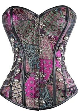 Patchwork Metallic Brocade Corset Top in Magenta & Teal
